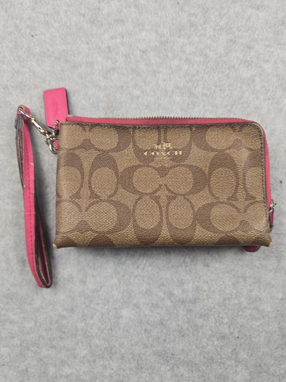 Coach Signature Double Zip Wristlet Brown Coated Canvas Pink Trim Wallet